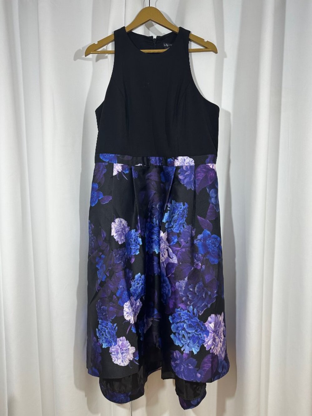 NWT City Chic Plus Size S (16) Black Blue Floral High Low Midi Dress